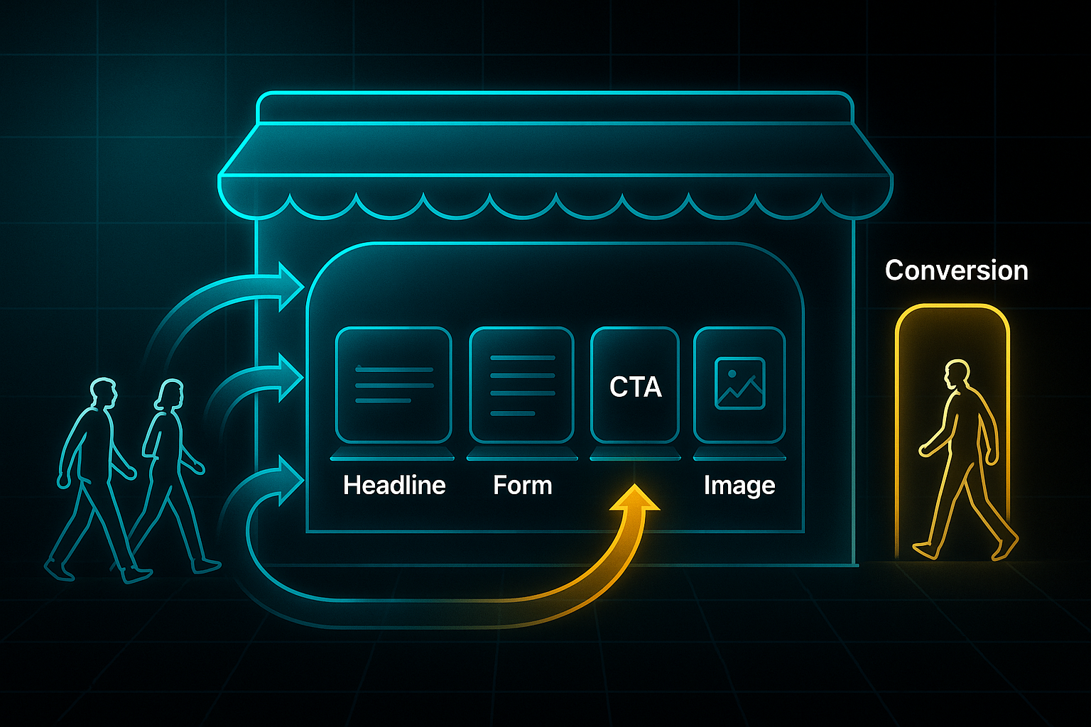 Infographic showing a futuristic storefront with labeled landing page elements and arrows guiding passerby to conversion.