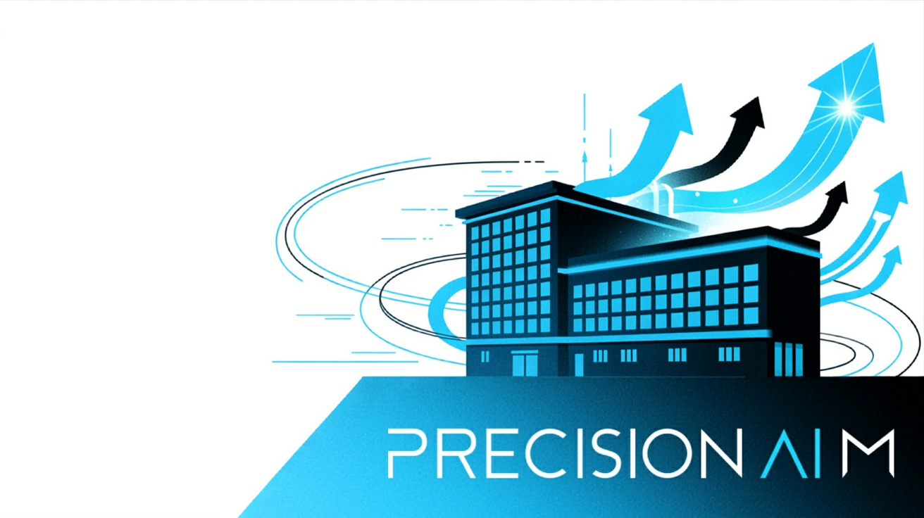 Modern multi-story hotel building with blue highlights, surrounded by upward arrows and flowing digital lines on a white background.