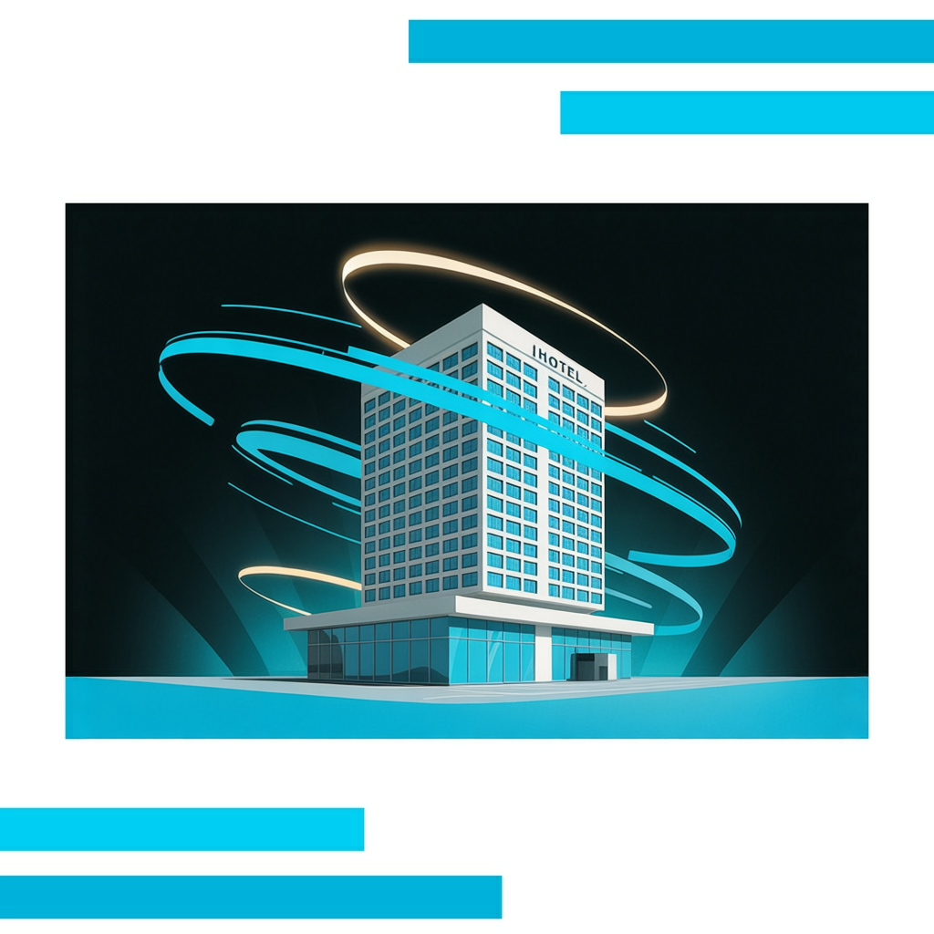 Modern hotel building with glass windows, surrounded by swirling turquoise lines and upward-pointing arrows on a white background