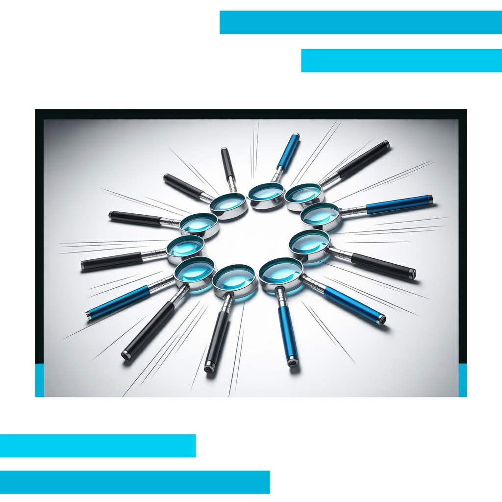 Eleven metallic magnifying glasses with glowing blue lenses arranged in a circular network on a white background.