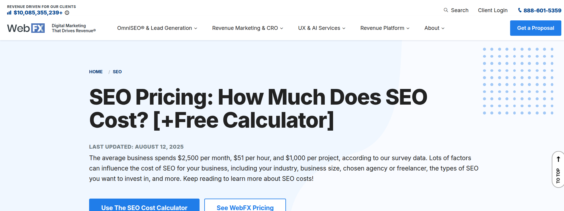 WebFX pricing page displaying their pricing information