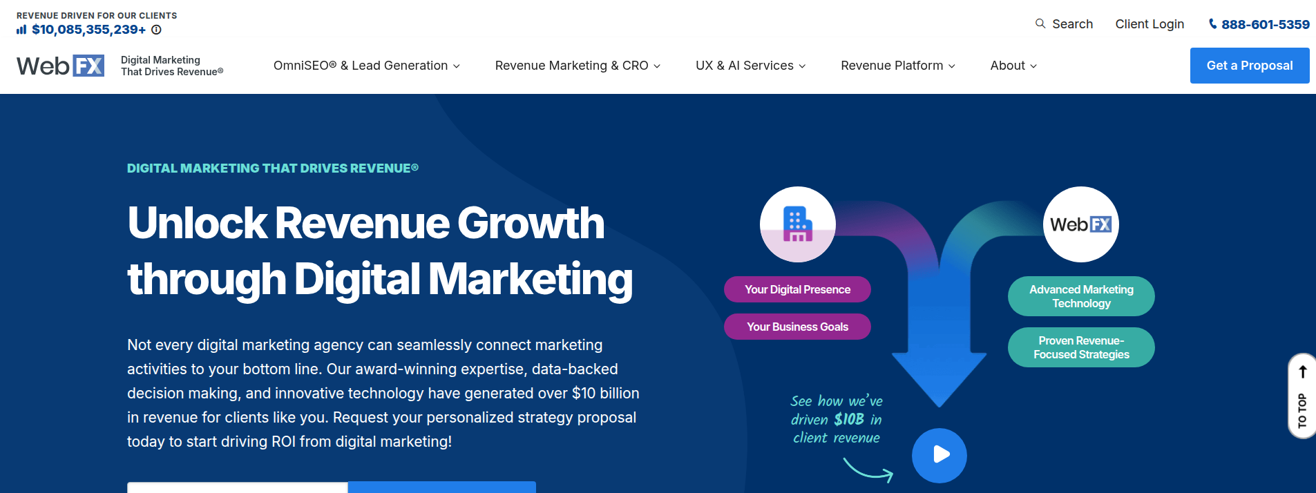 WebFX homepage hero section displaying main information