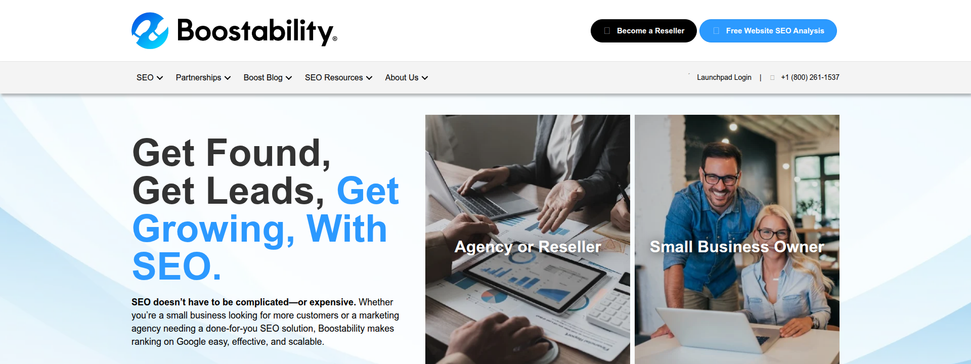 Boostability homepage hero section displaying main company information