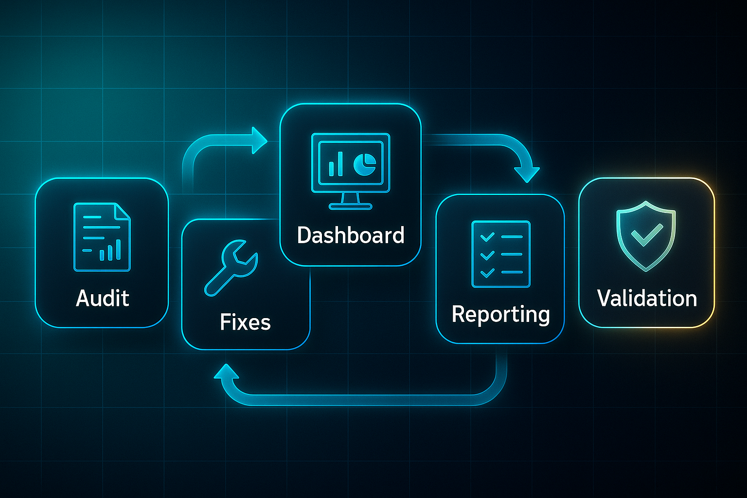 Horizontal infographic showing five glowing rectangles labeled Audit, Fixes, Dashboard, Reporting, and Validation, connected by curved arrows.