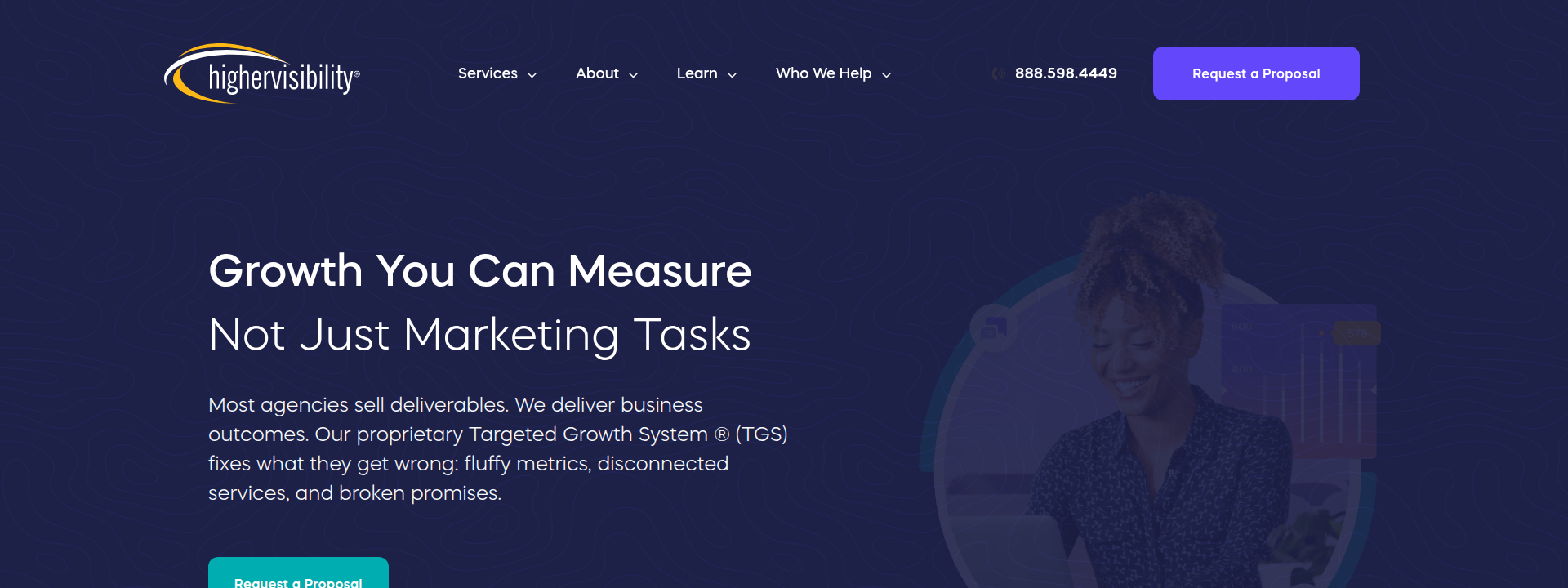 HigherVisibility homepage hero section displaying main information