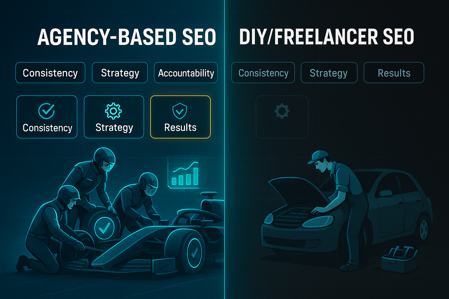 Infographic comparing agency-based SEO with DIY SEO, featuring pit crew teamwork versus a lone mechanic, labeled strategy sections above.