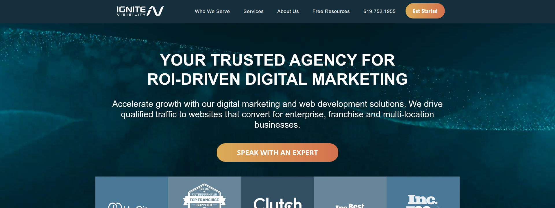 Ignite Visibility homepage hero section displaying main company information