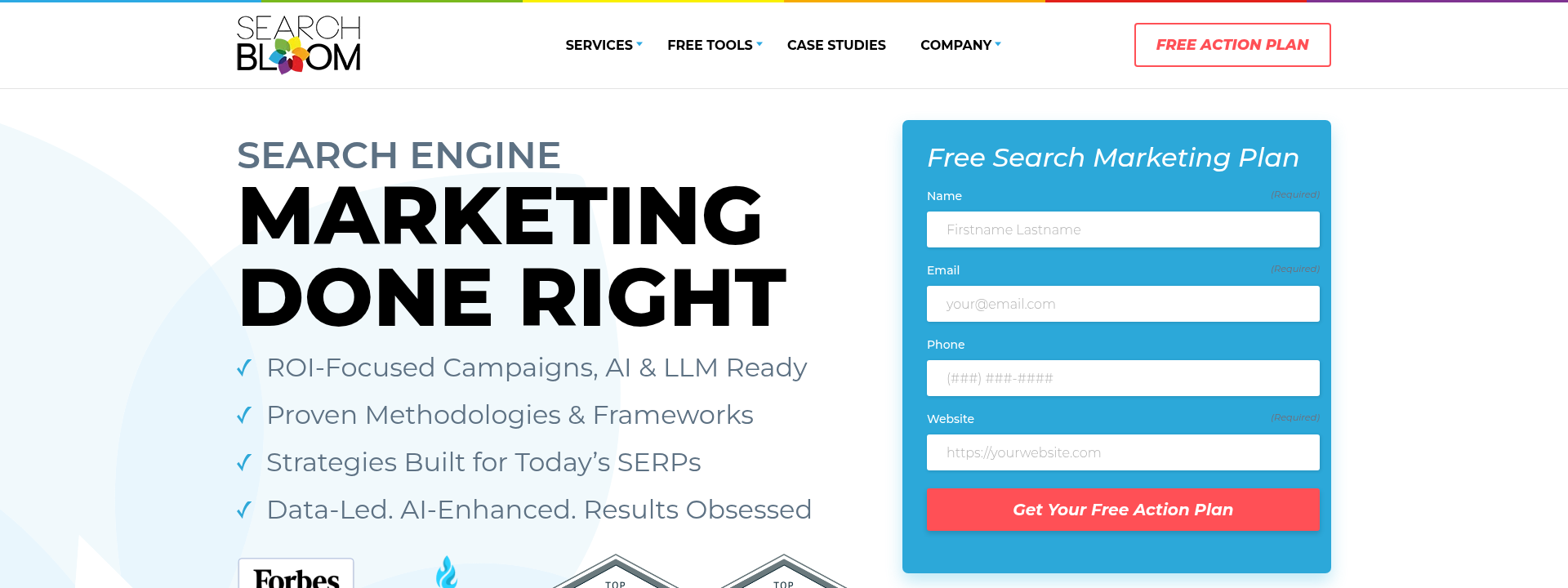 Searchbloom homepage hero section displaying main information