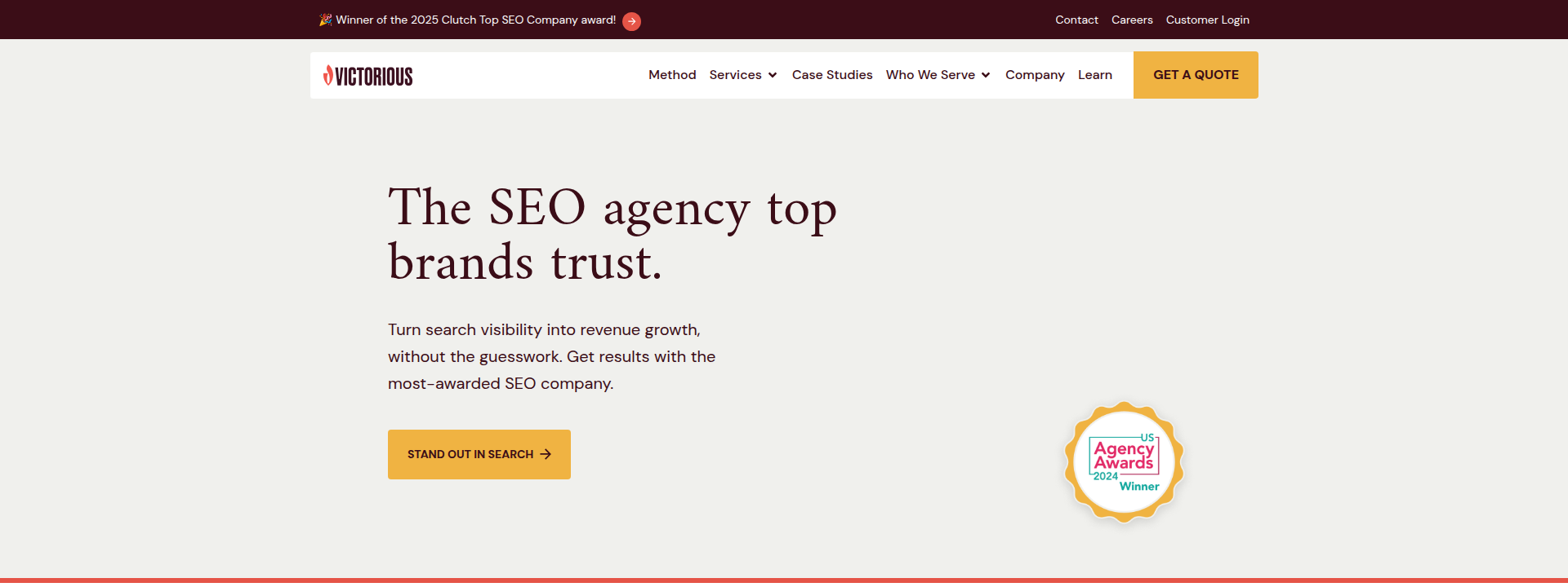 Victorious SEO homepage hero section displaying company information