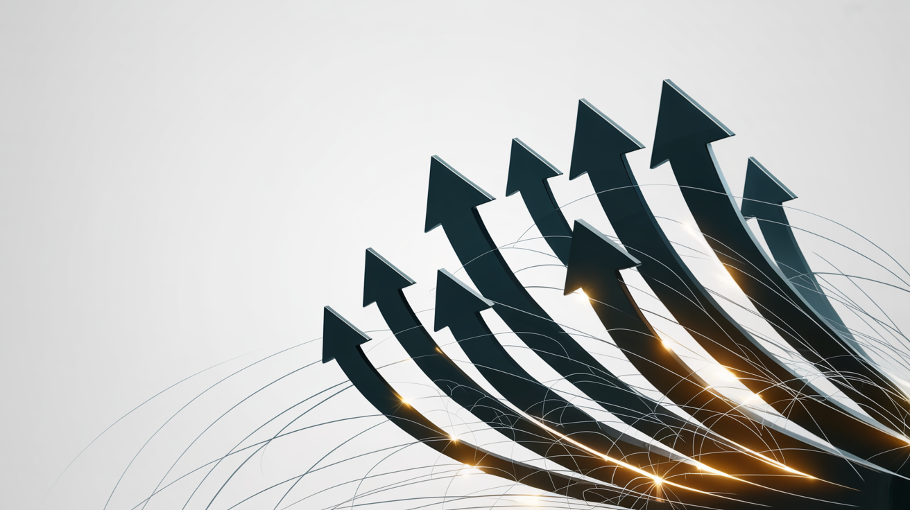 Ten blue-to-black gradient arrows with glowing edges, connected by white lines in a dynamic, energetic network on a white background.