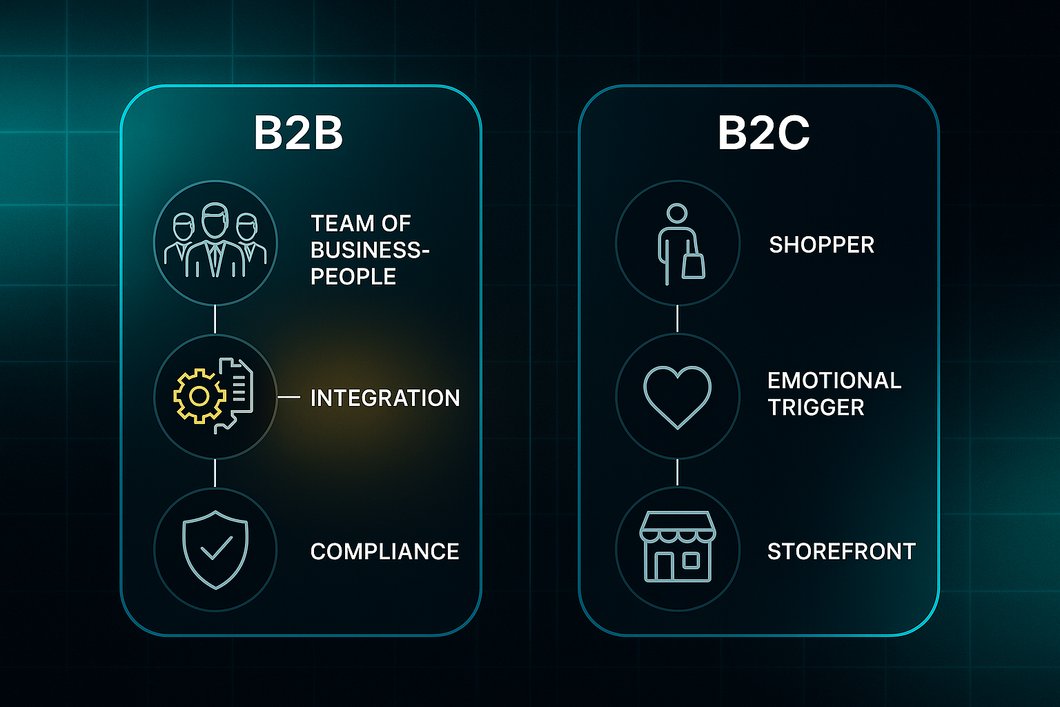 Infographic comparing B2B and B2C models with icons for team, integration, compliance, shopper, emotion, and storefront.