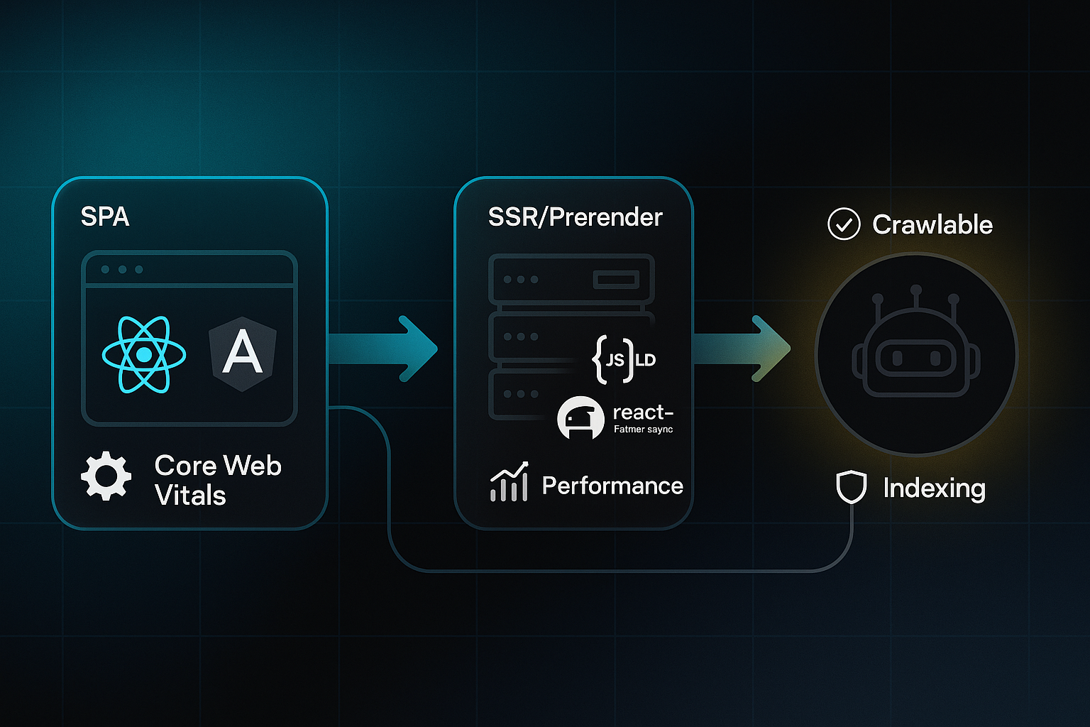 Infographic showing technical architecture flow from SPA with React and Angular, to server-side rendering, to Googlebot indexing.