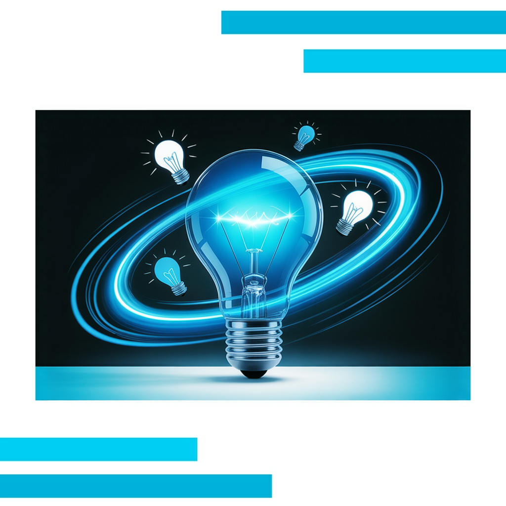Large glowing blue lightbulb surrounded by swirling blue and white energy streams, sparks, and abstract geometric shapes on white background