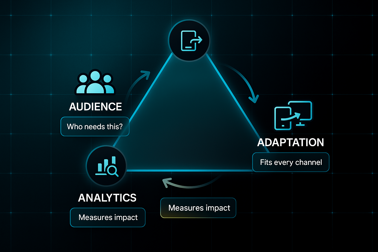 Infographic with a glowing triangle showing Audience, Adaptation, and Analytics nodes connected by arrows on a dark tech background