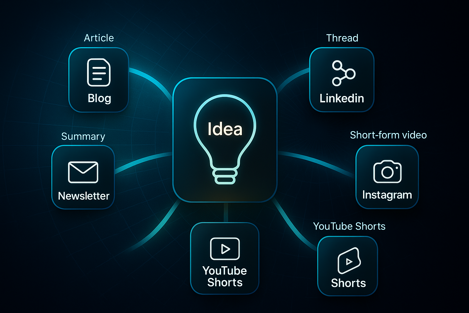 Infographic showing a glowing lightbulb labeled 'Idea' with arrows pointing to Blog, LinkedIn, Instagram, YouTube Shorts, and Newsletter nodes.