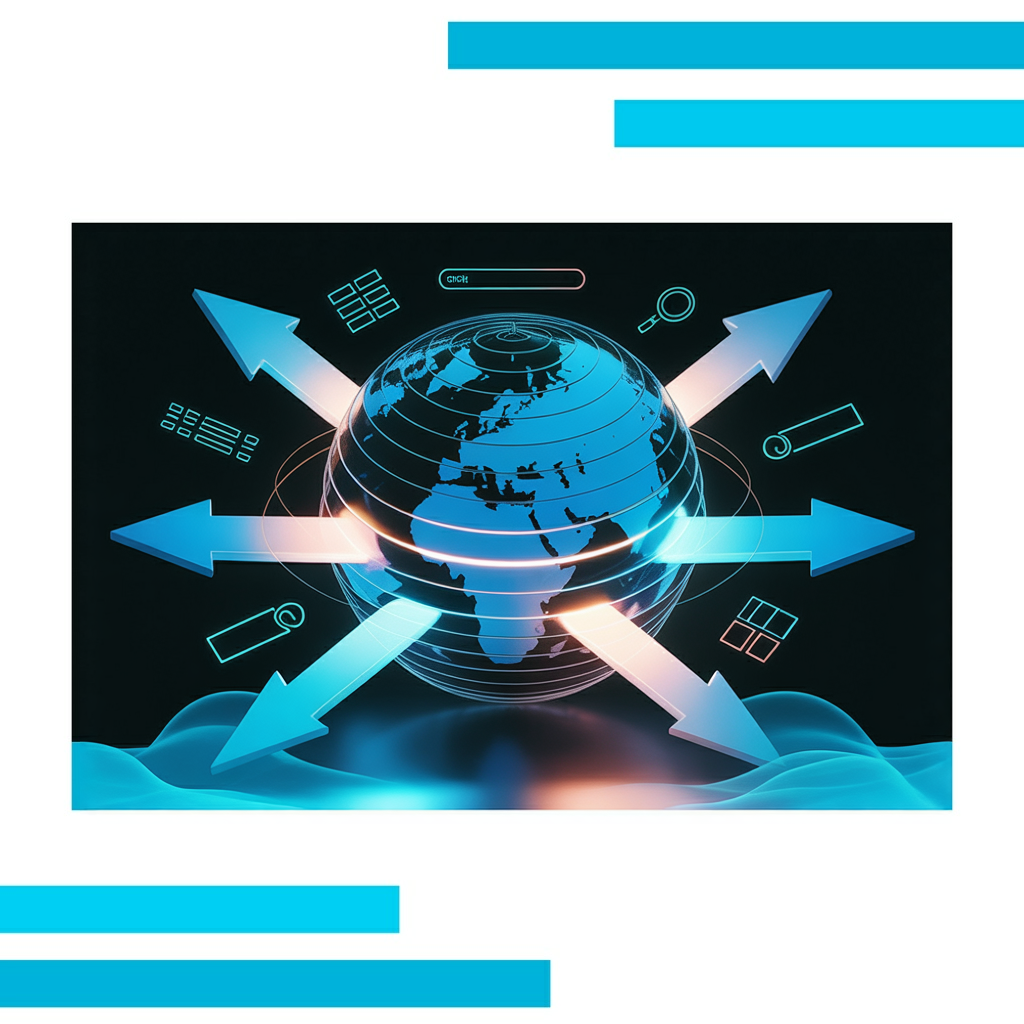 Glowing blue globe with layered rings, arrows pointing to continents, and floating search and location icons connected by lines