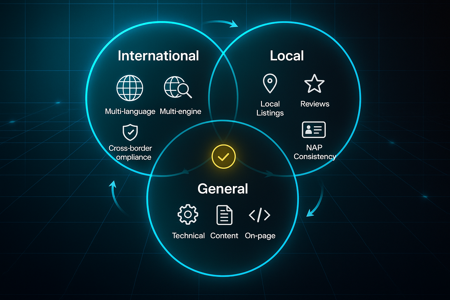 Infographic with a dark tech background showing a Venn diagram labeled International, Local, and General, each with relevant icons.