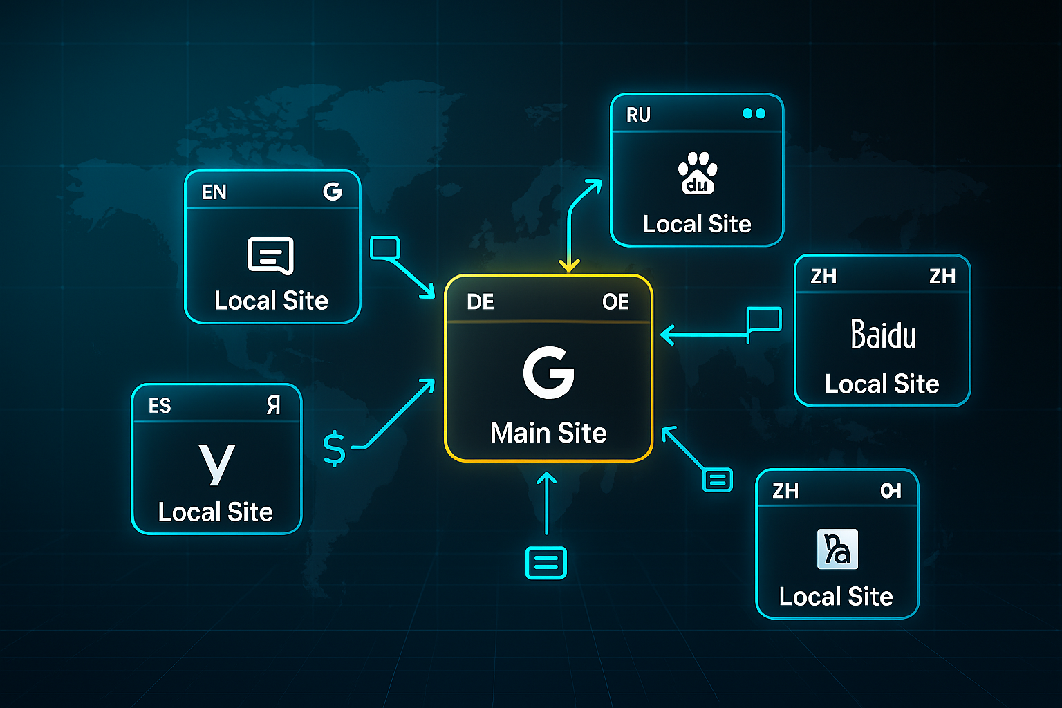 Futuristic infographic with a glowing world map, central "Main Site" browser window, and arrows connecting to five "Local Site" windows over major regions.