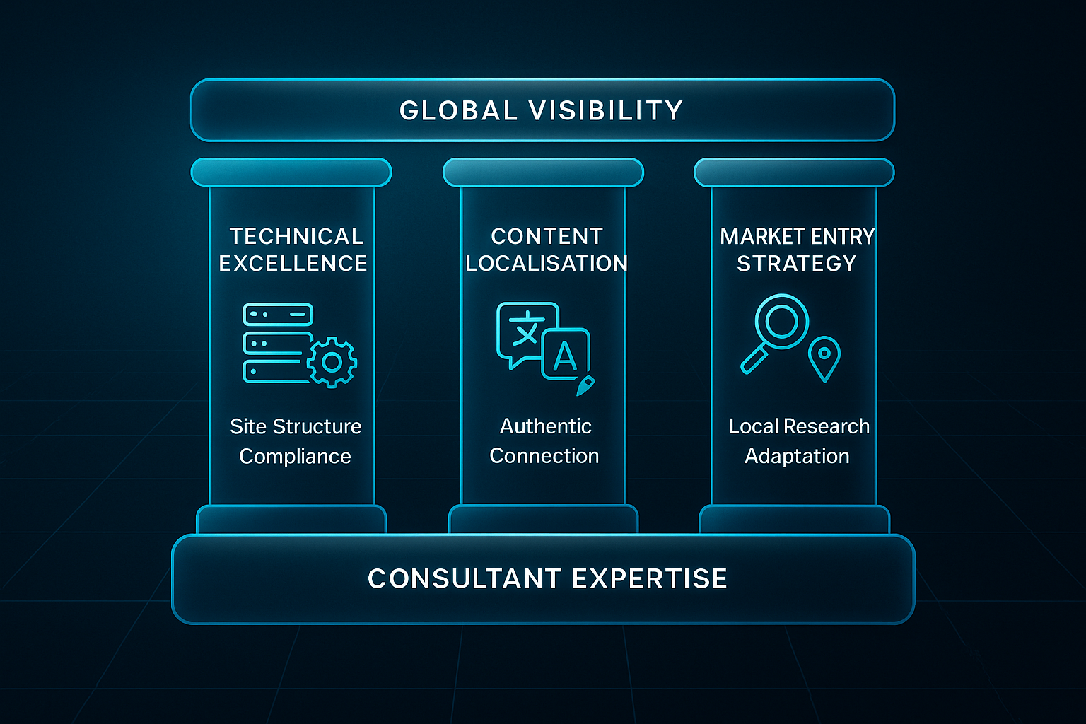 Infographic showing three isometric pillars labeled Technical Excellence, Content Localisation, and Market Entry Strategy on a glassy base.