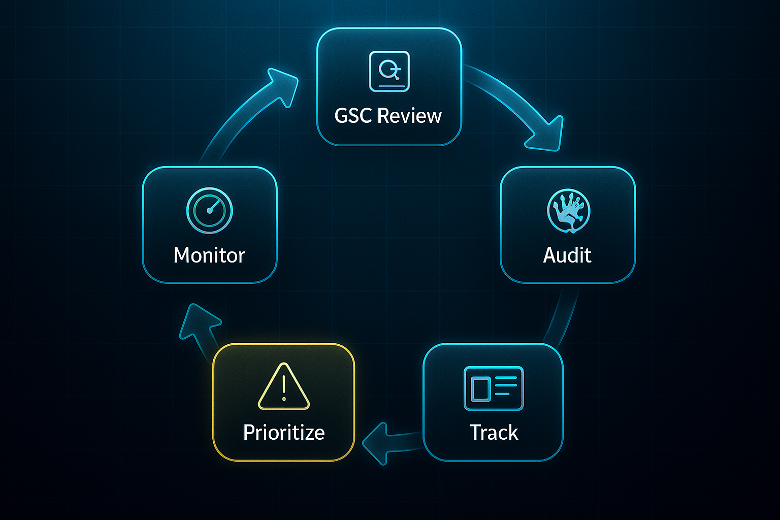 Infographic showing a circular workflow with five labeled tech icons connected by glowing arrows on a dark, futuristic background