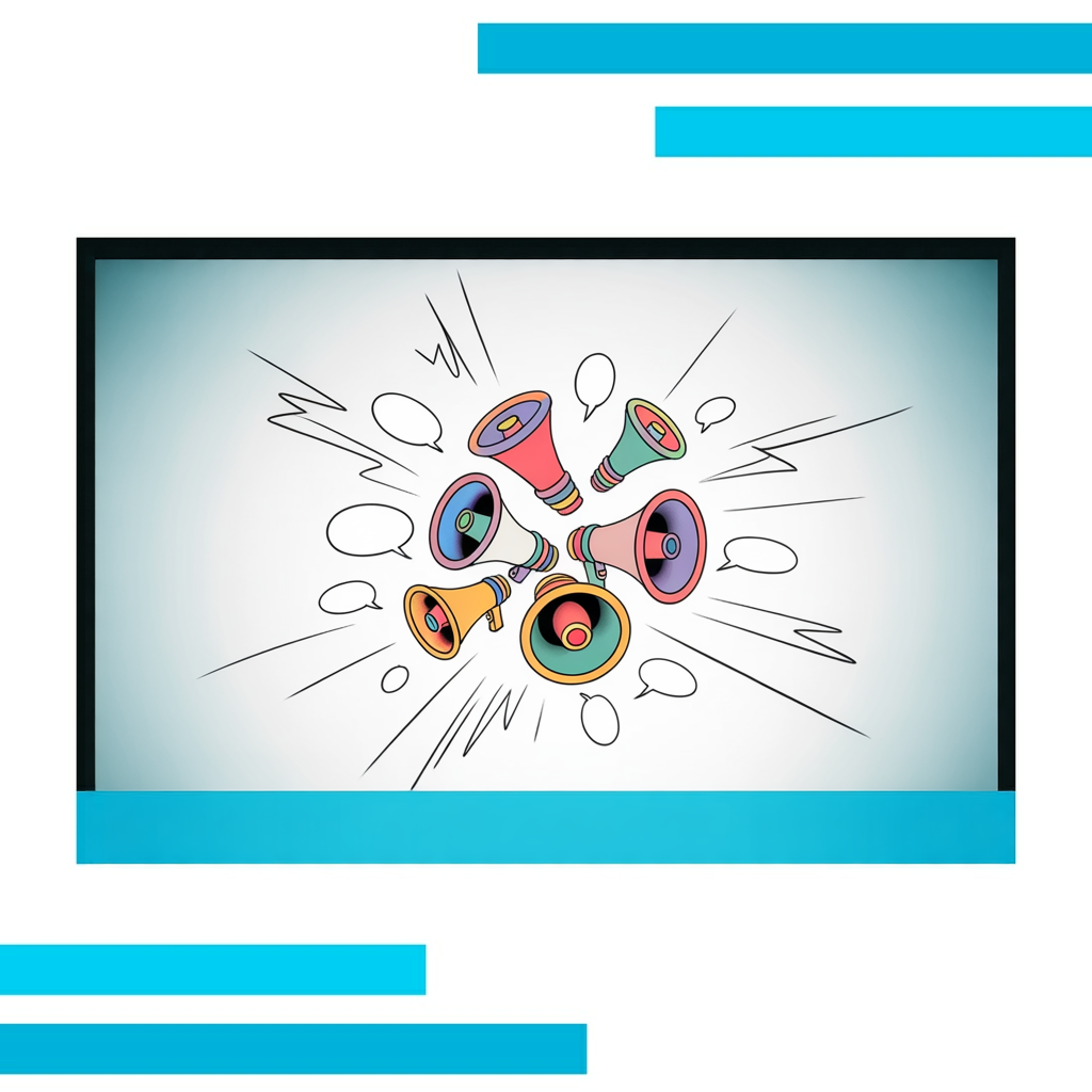 Cluster of colorful megaphones and speech bubbles radiating outward with vibrant sound waves on a white background