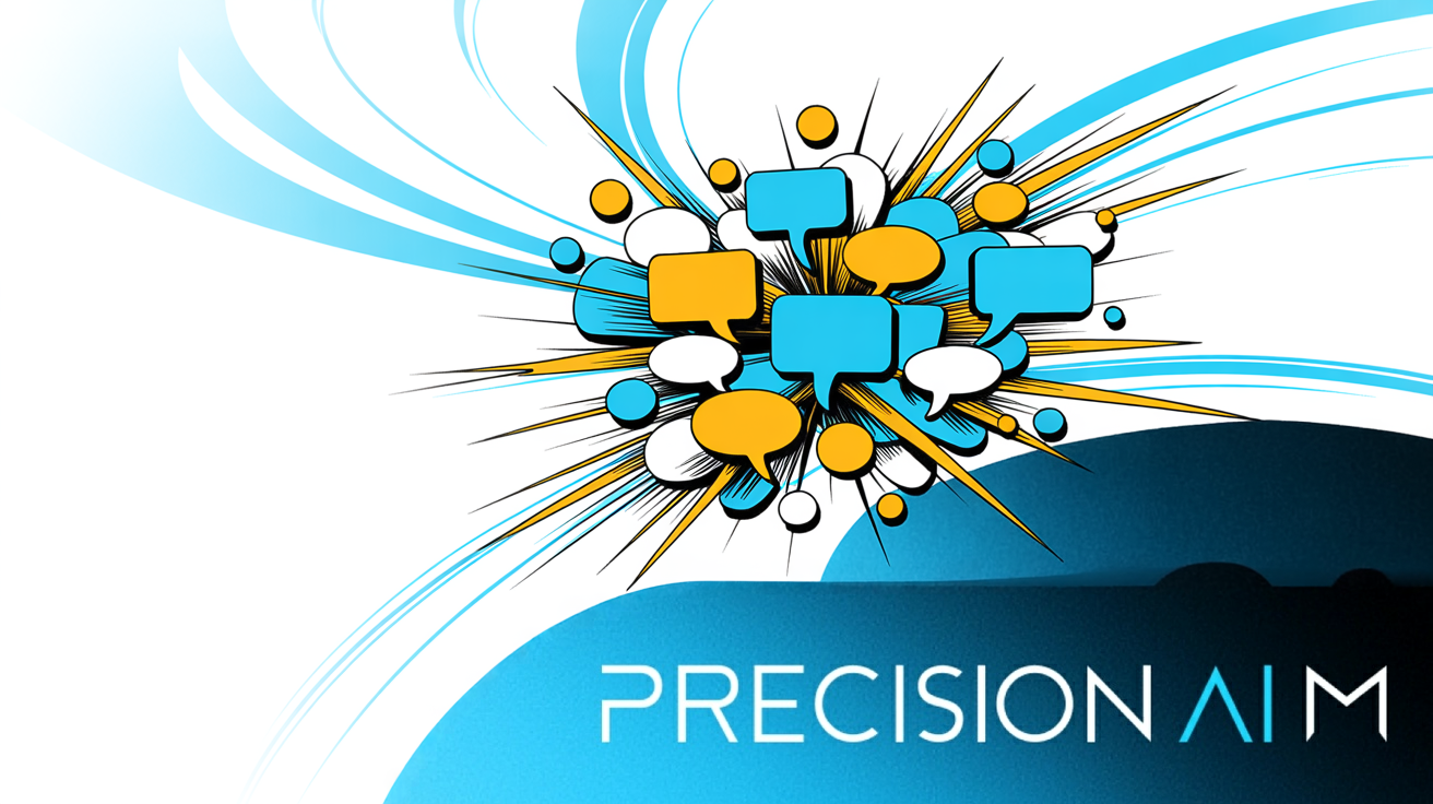 Brightly colored speech bubbles and circular icons with energy bursts and motion lines overlapping on a white gradient background.