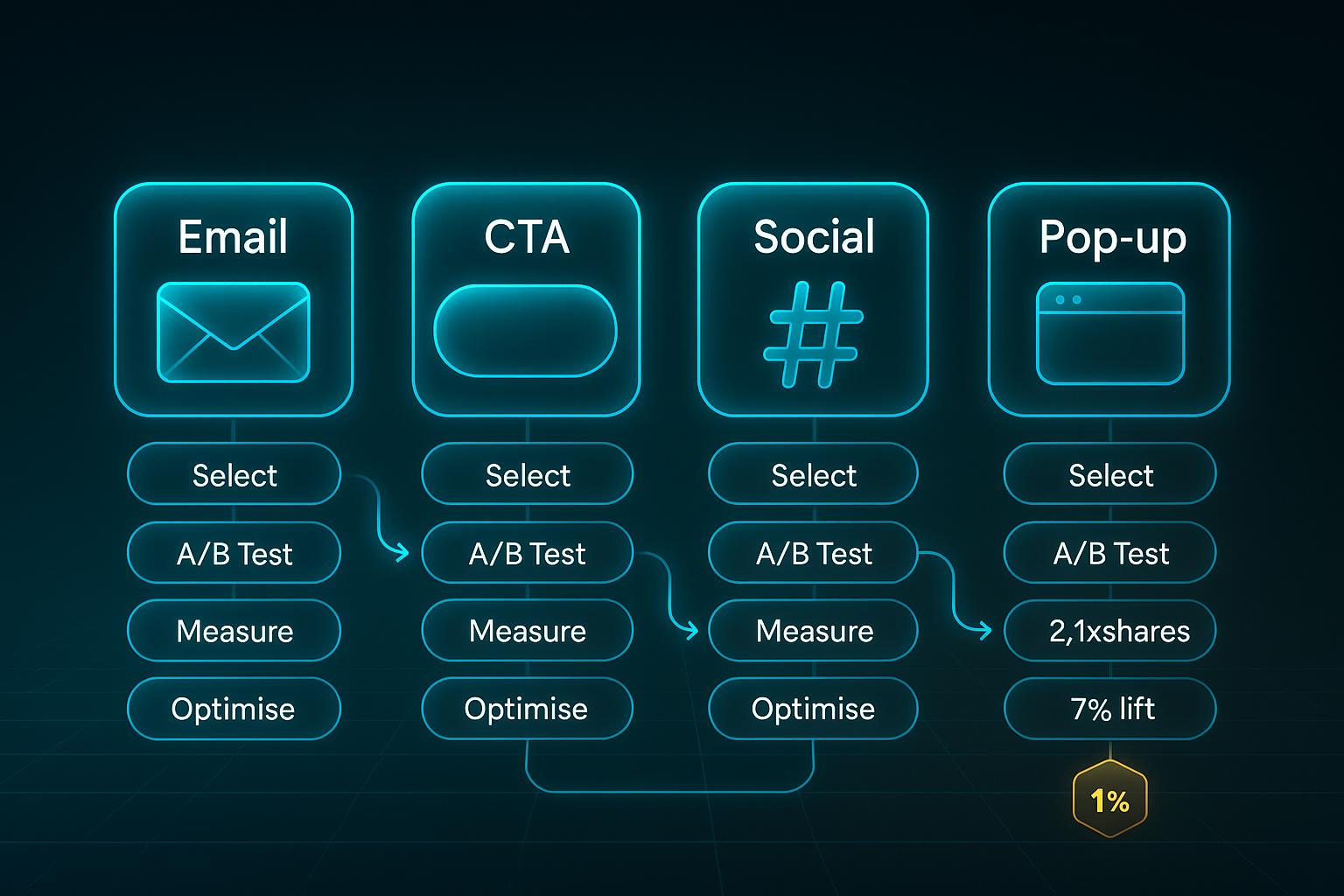 Futuristic infographic showing four channel icons—Email, CTA, Social, Pop-up—with labeled workflow steps and performance metrics.