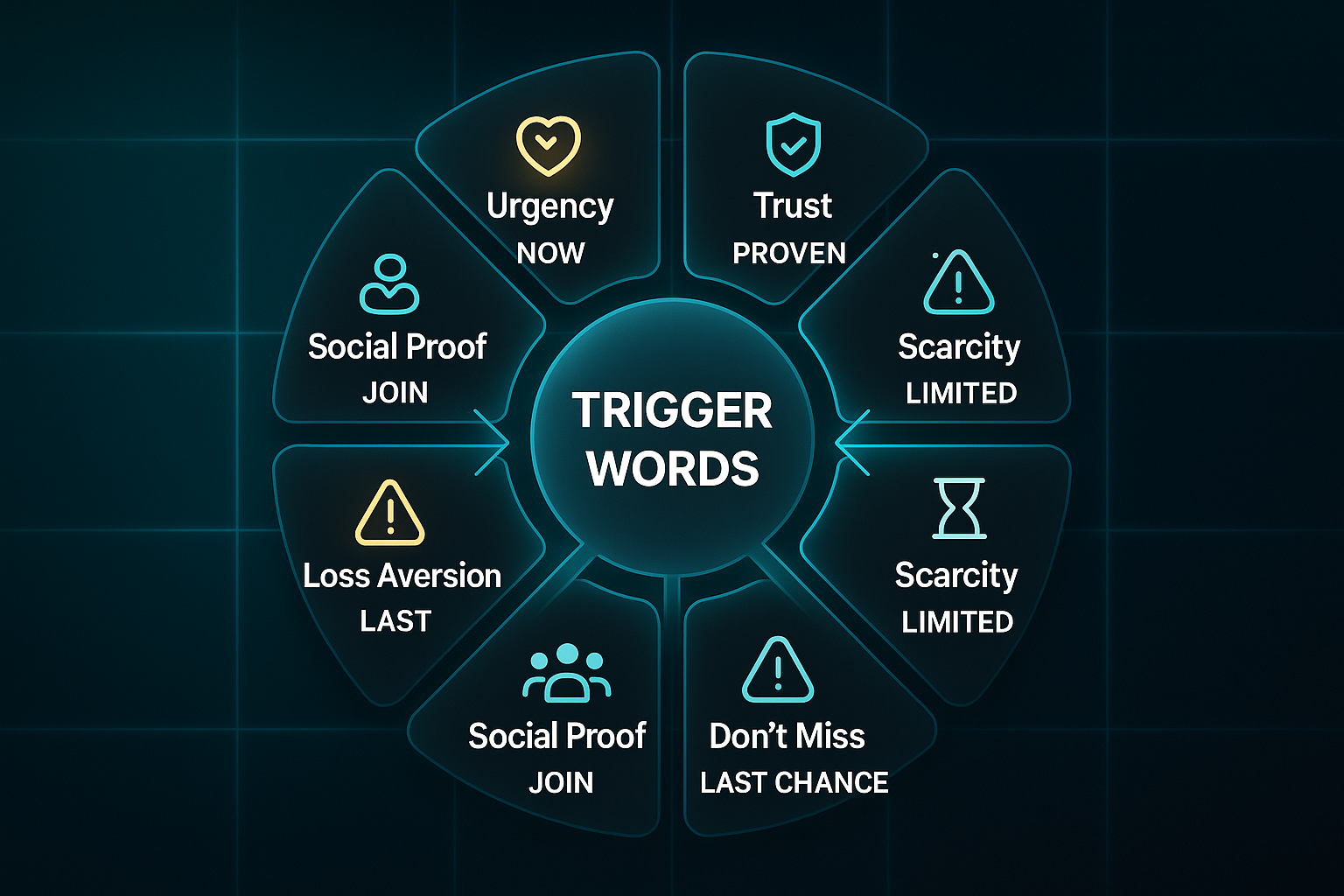 Infographic with a glowing central hub labeled 'Trigger Words' and seven arrows pointing to wheel segments, each with an icon and word like 'Now' or 'Free'.