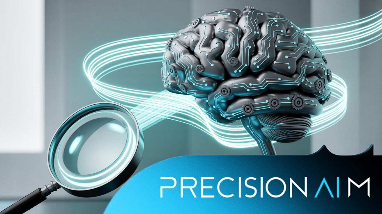 Stylized brain made of metallic gears and glowing circuits, with swirling data streams and a magnifying glass nearby.