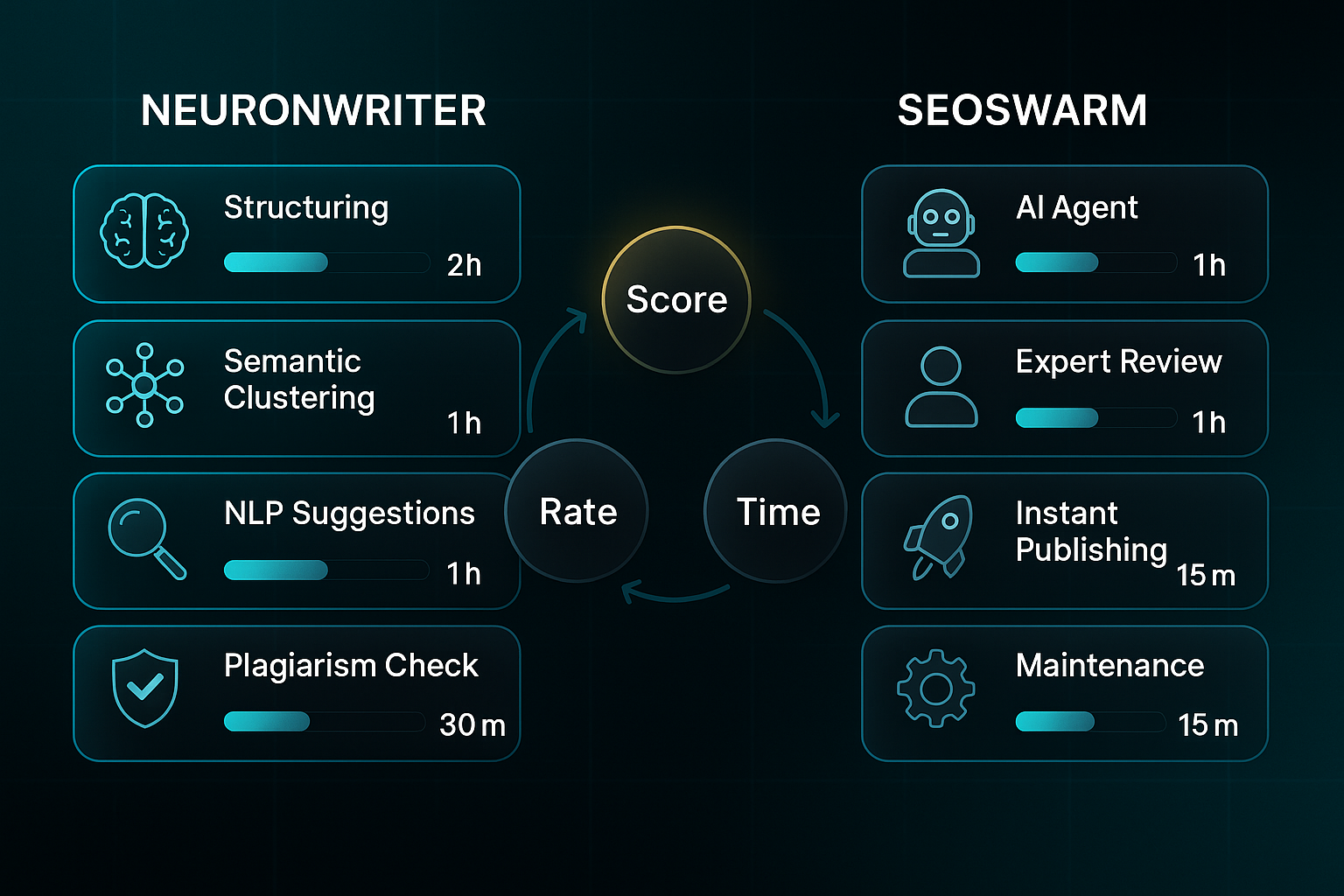 Infographic comparing NeuronWriter and SEOSwarm workflows with icons, speed bars, and central metric nodes on a dark tech background