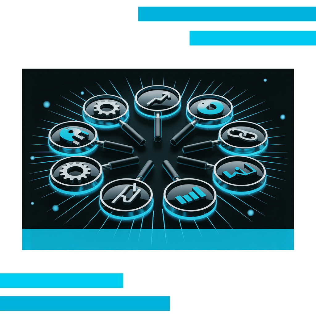 Ten charcoal magnifying glasses arranged in a circle, each containing a unique metallic tool, connected by glowing blue lines.