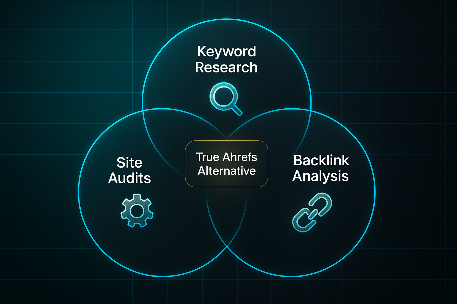 Futuristic Venn diagram showing Keyword Research, Backlink Analysis, and Site Audits with True Ahrefs Alternative in center