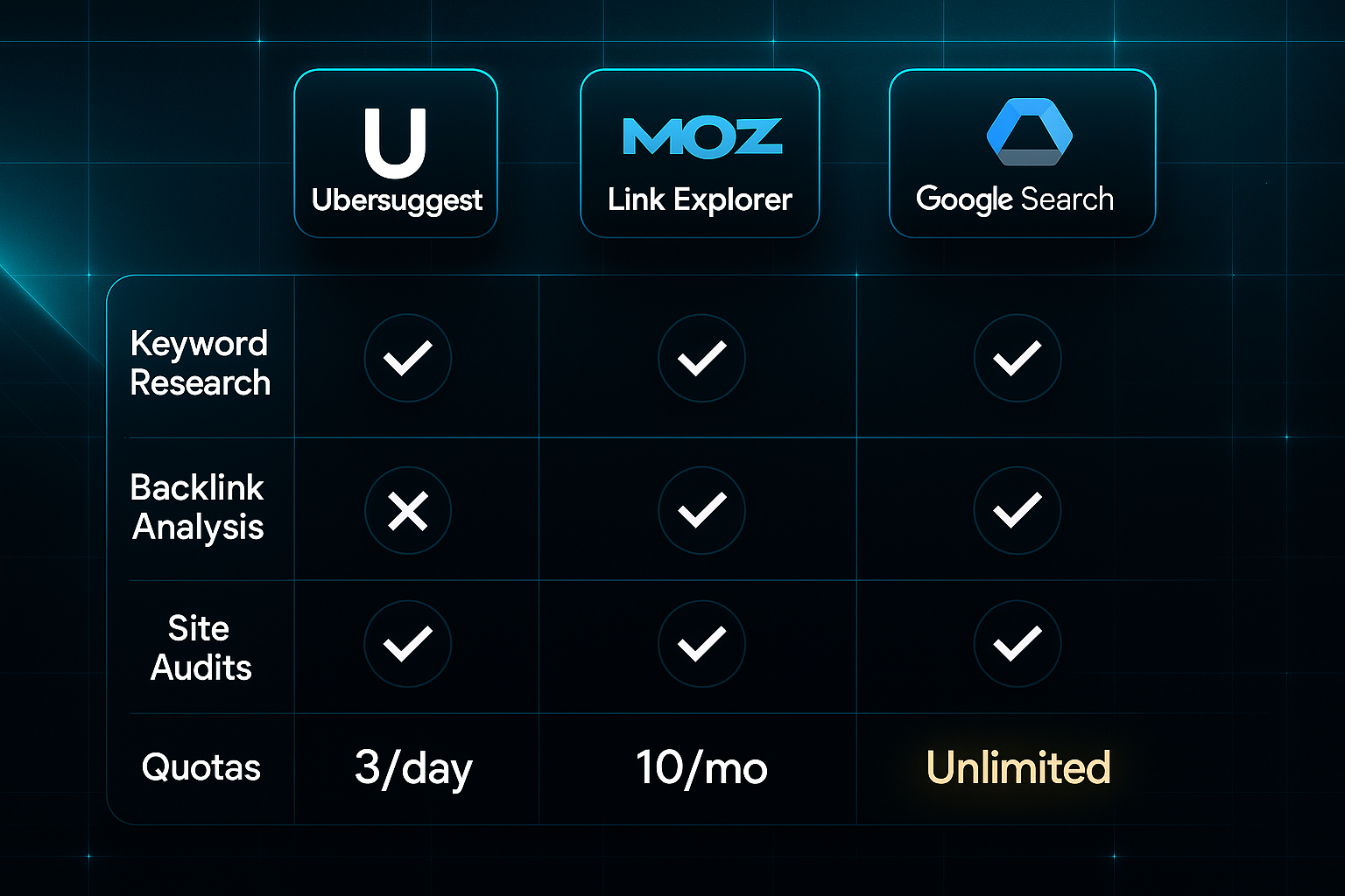 Infographic matrix comparing Ubersuggest, Moz Link Explorer, and Google Search Console features and quotas on a dark tech background