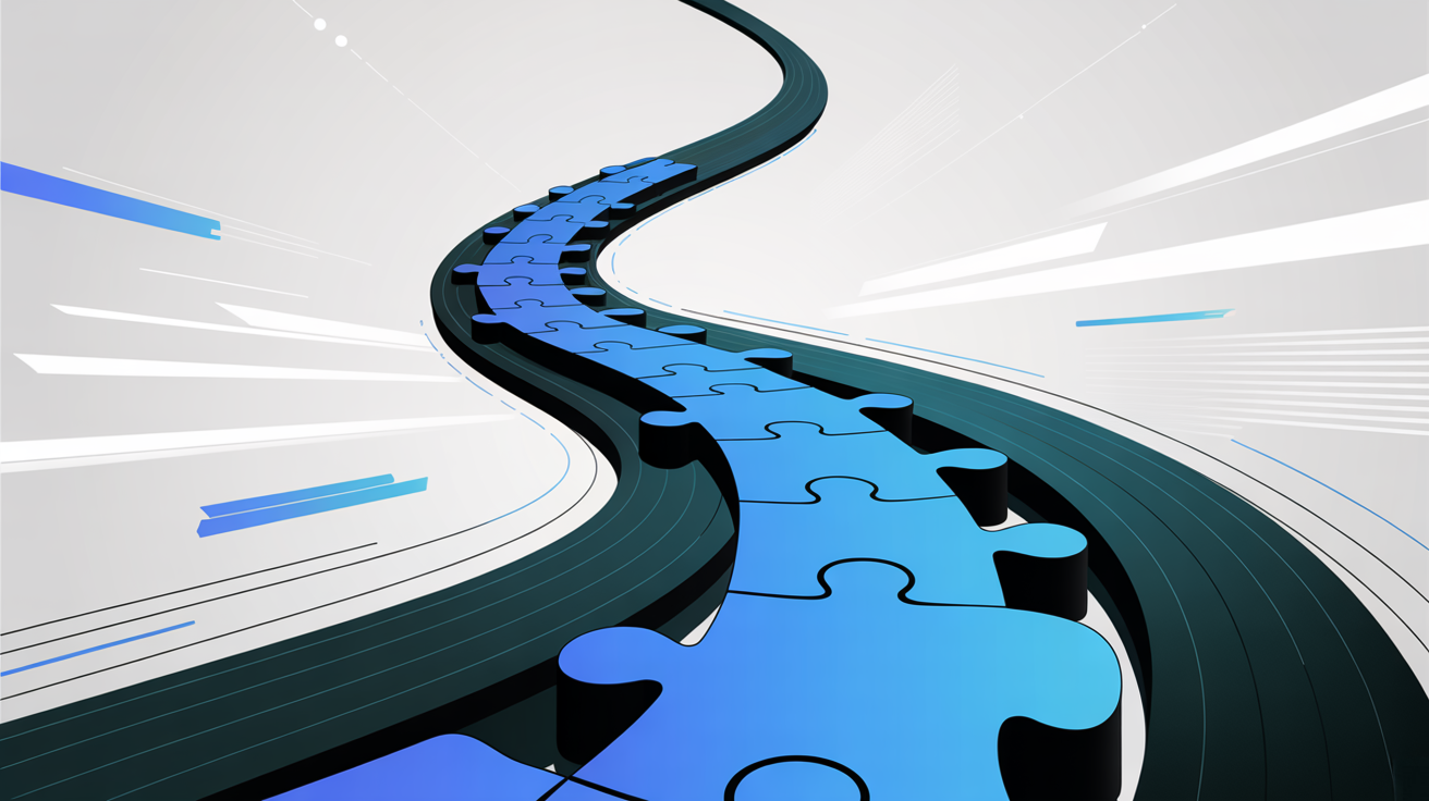 Abstract vector shapes resembling interconnected puzzle pieces in blue and charcoal, forming an upward, flowing path with glowing accents.