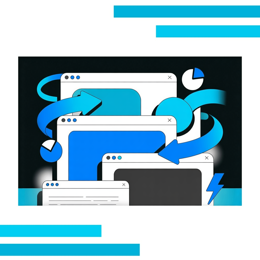 Overlapping browser windows with blue and charcoal accents, connected by curved arrows and surrounded by abstract icons.