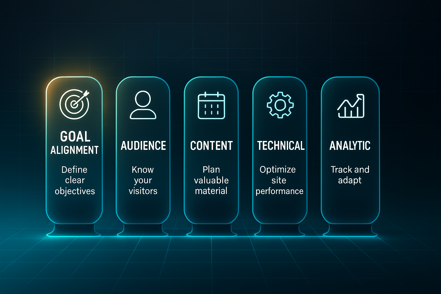 Infographic with six glowing pillars labeled Goal Alignment, Audience, Content, Technical, Analytics, and UX/UI, connected by a blue line.