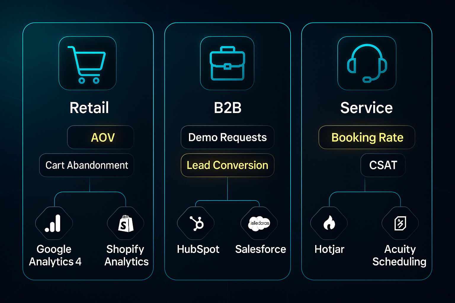 Infographic with three columns for Retail, B2B, and Service, each showing KPIs, icons, and recommended analytics tools on a dark tech background