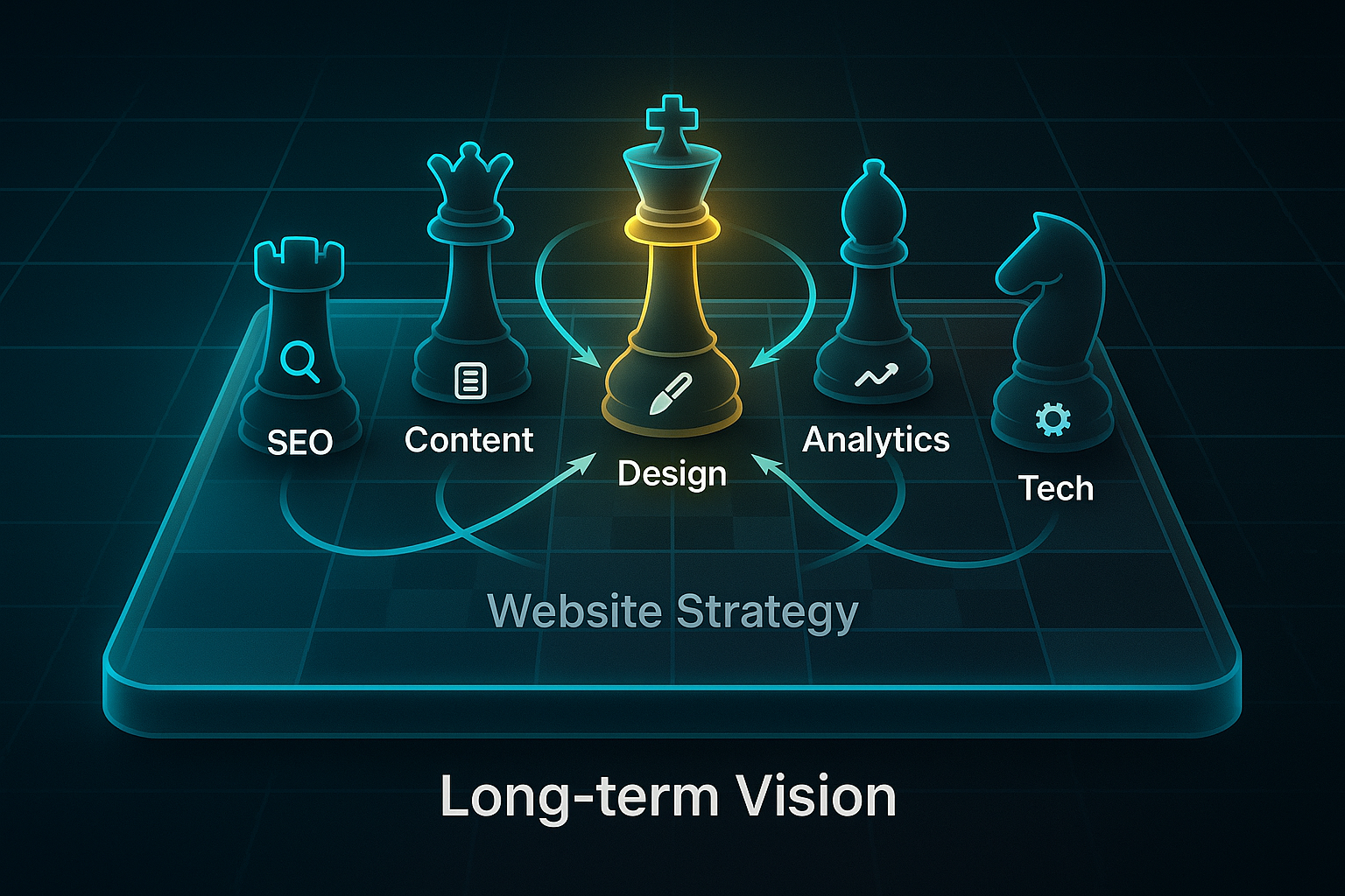 Infographic of a glowing glass chessboard labeled 'Website Strategy' with five labeled chess pieces and converging arrows.