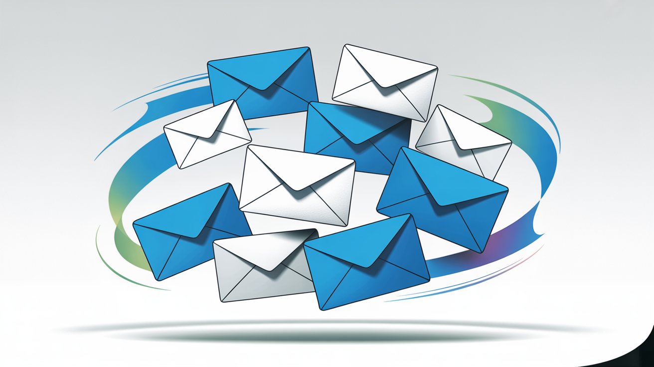 Ten overlapping blue, black, and white envelopes in a circular pattern with glowing edges and flowing gradient shapes on a white background.