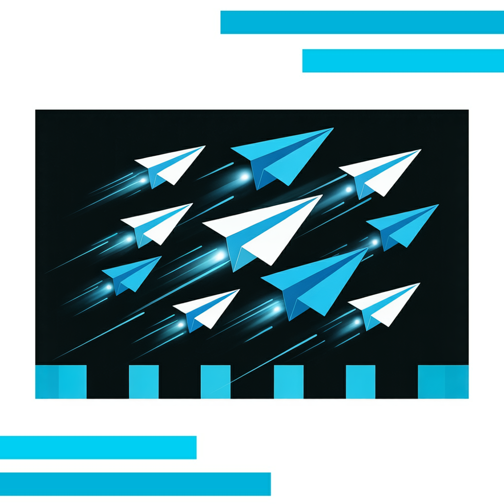 Ten sleek paper planes in blue, black, and white soar outward with glowing light trails on a white background.