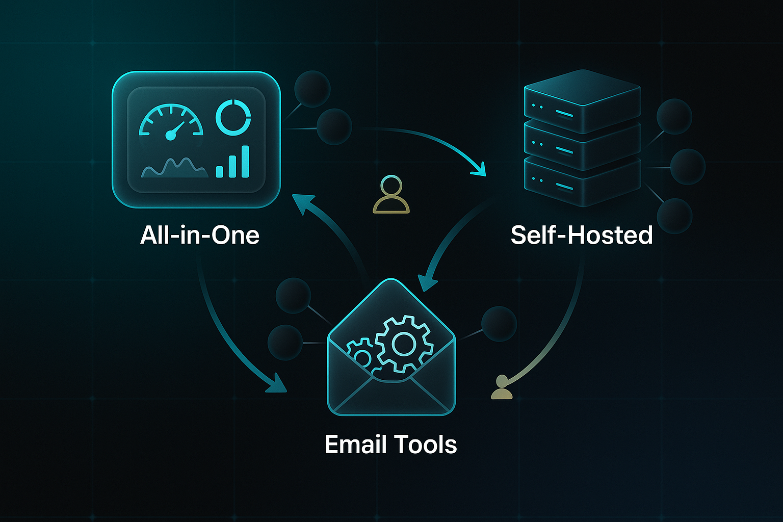 Infographic with three icons: dashboard, server rack, and envelope with gears, linked by glowing arrows and user icons on a dark tech background.