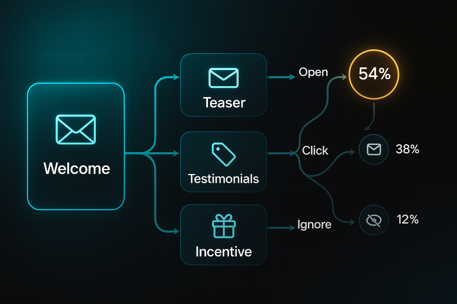 Futuristic infographic showing a branching email workflow with icons for welcome, teaser, testimonials, incentive, and conversion rates.