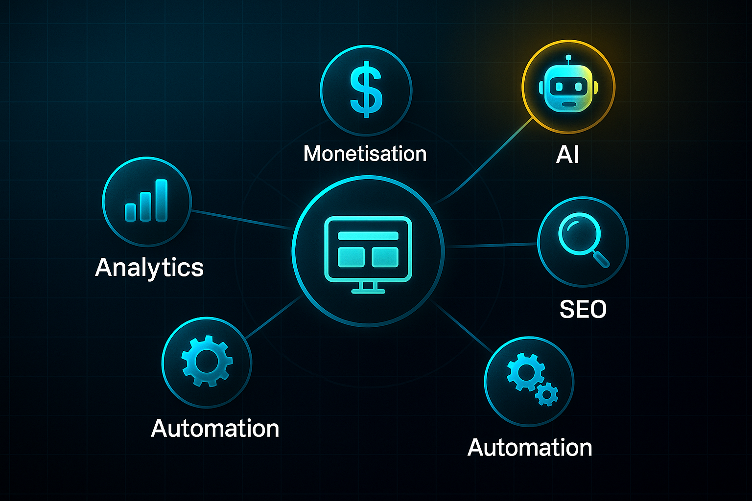Futuristic infographic with a central dashboard icon, five glowing feature nodes for AI, SEO, Automation, Analytics, and Monetisation