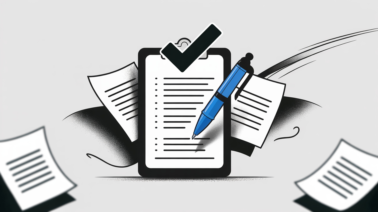 Stylized clipboard with bold checkmark, floating papers, and dynamic blue pen on a crisp white background.