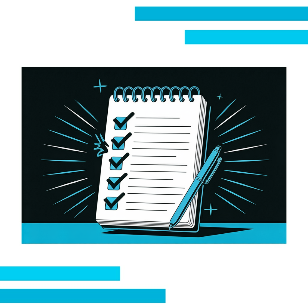 Spiral-bound notepad with blue checkmarks on white pages and a black pen, surrounded by glowing blue accents on a white background.