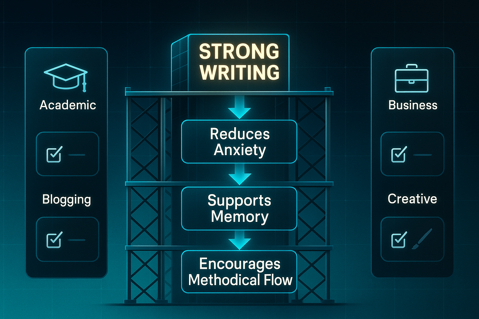 Futuristic infographic showing a scaffold labeled 'Strong Writing' with three levels: Reduces Anxiety, Supports Memory, Encourages Methodical Flow.