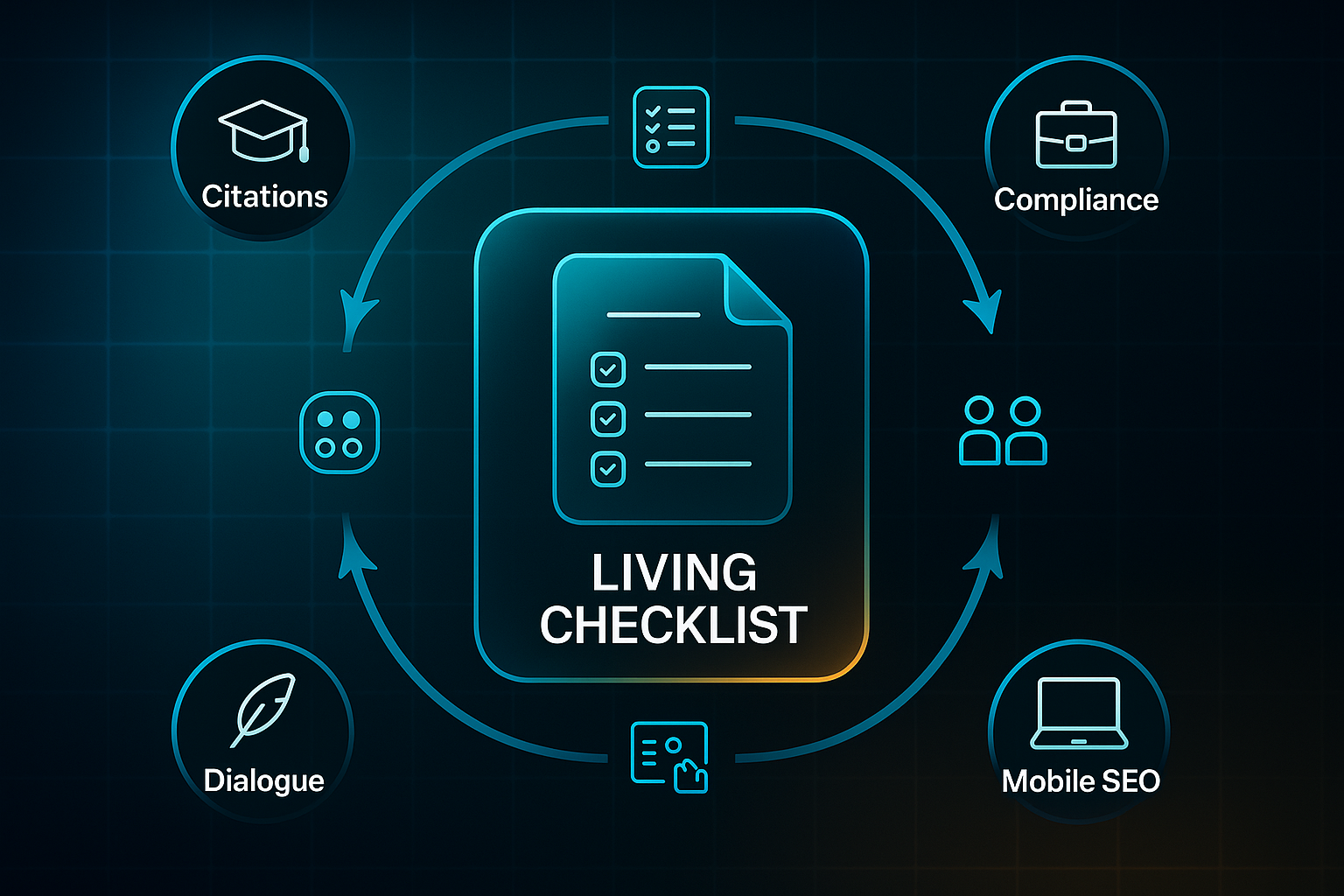 Infographic with a glassmorphic document labeled 'Living Checklist' surrounded by genre nodes and feedback icons on a tech grid background