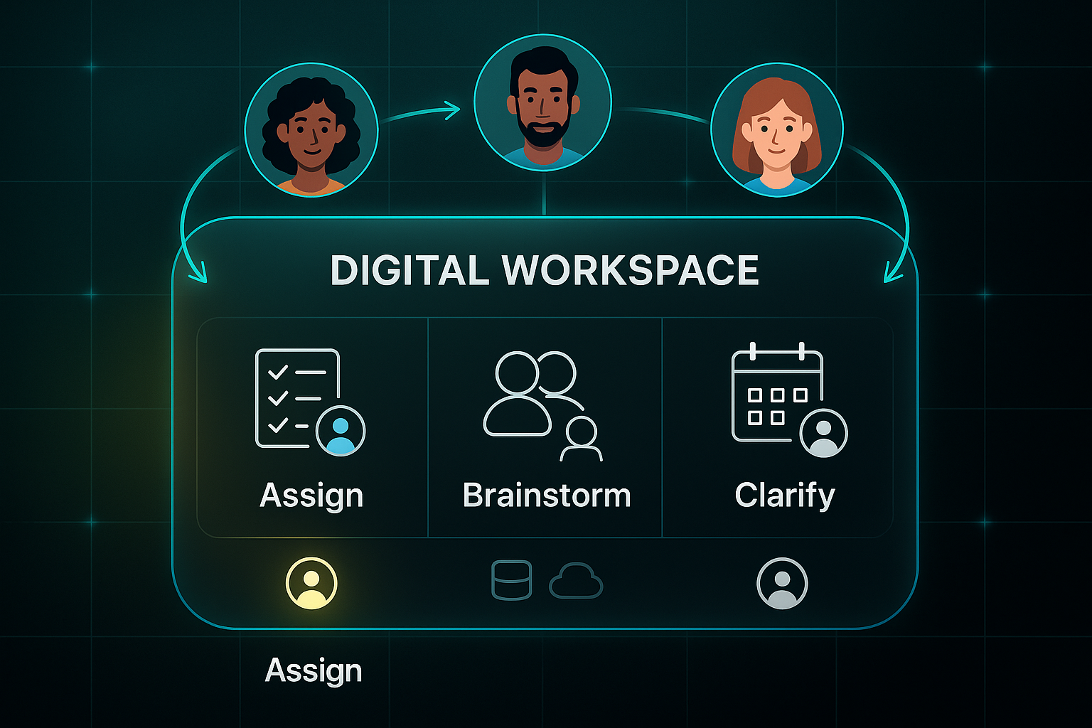 Infographic showing a digital workspace with assign, brainstorm, and clarify sections, icons, and connected avatars on a dark tech background