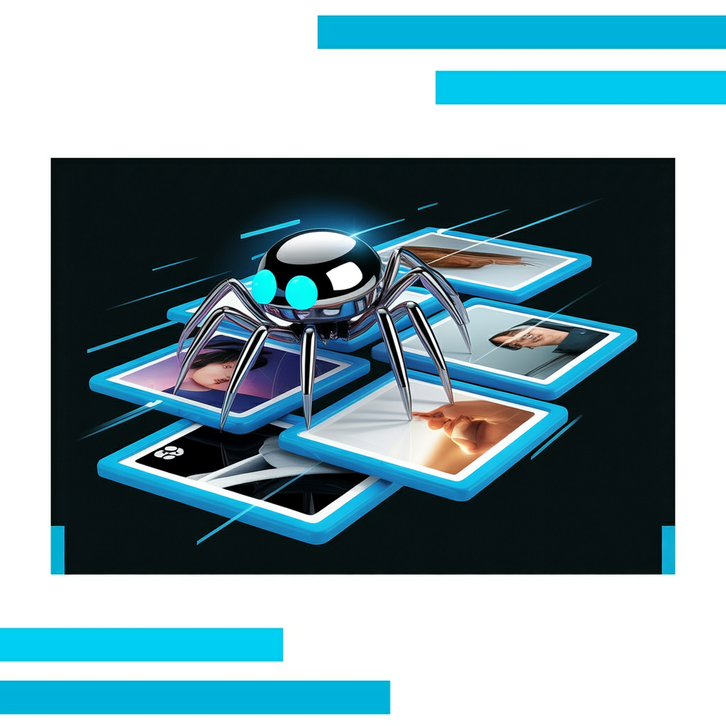 Metallic robotic spider with glowing blue eyes crawls over floating image thumbnails on a digital circuit background.