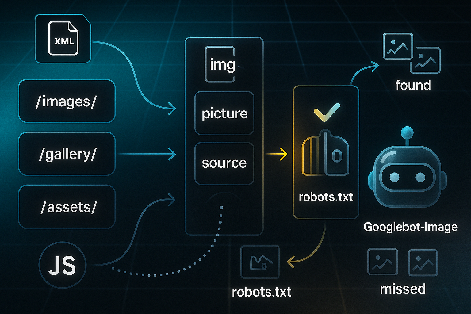 Infographic showing website folders linking to HTML tags and a sitemap, with a robot head icon and a robots.txt gate controlling image access.